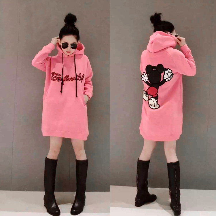 欧洲站秋冬新款宽松大码加绒套头卫衣裙连帽女中长款加厚卡通外套