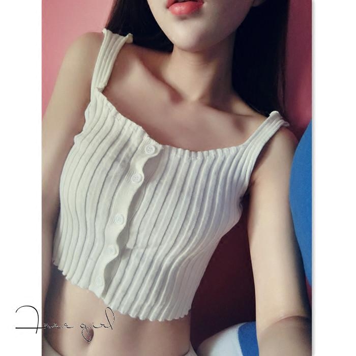 欧美单排扣修身短款针织无袖小背心打底衫露脐纽扣背吊带心女夏