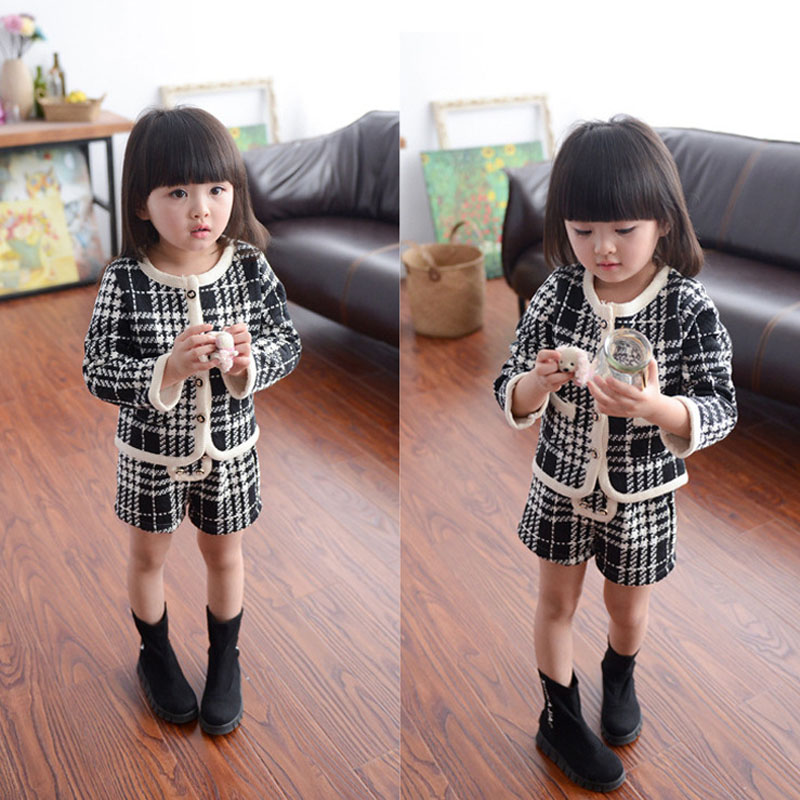 秋季女童开衫套装格子时尚长袖千鸟格外套短裤两件套韩版小孩衣服