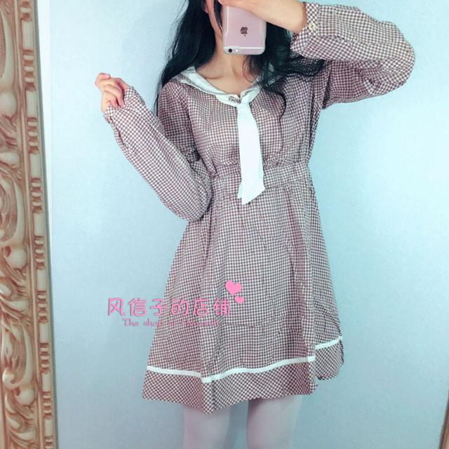 日系森女学院风海军格子连衣裙学生小清新软妹中长裙长袖春秋女装