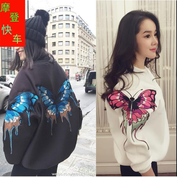潮牌欧美加厚蝴蝶刺绣秋冬2015新款太空棉卫衣套头女宽松加绒女款