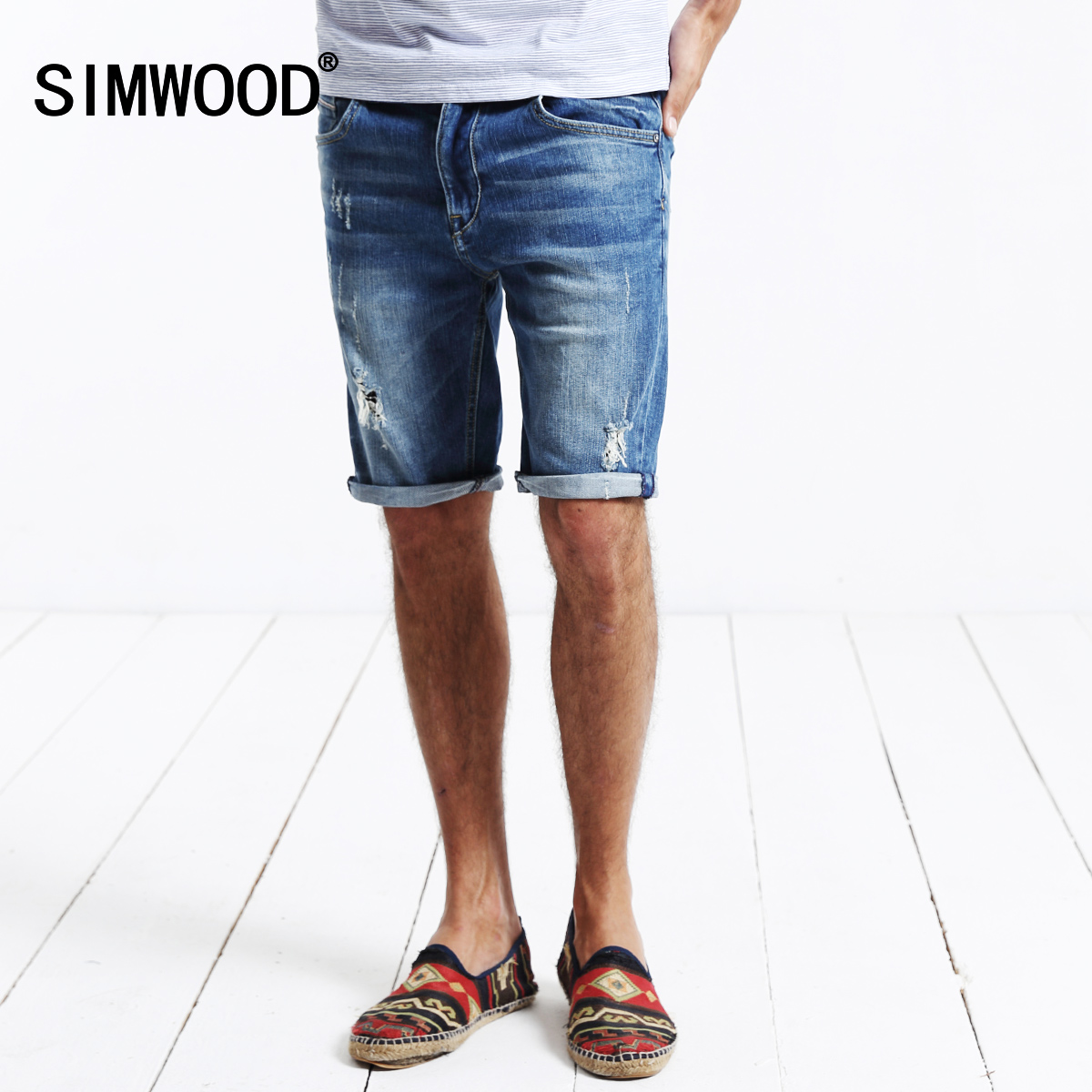 Simwood2016新款微弹休闲牛仔短裤夏季潮男刮烂破洞修身牛仔短裤