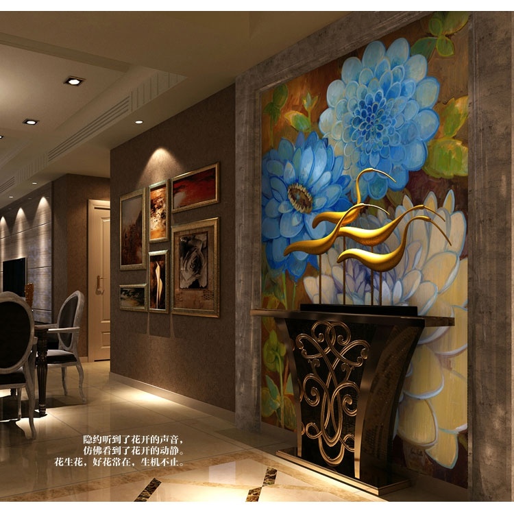 直销大型壁画欧式墙纸古典浮雕玄关过道走廊壁纸荷花复古油画墙画