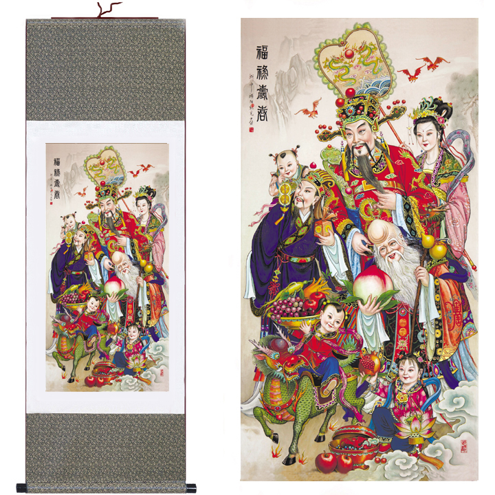 丝绸卷轴国画已装裱福禄寿图永不褪色客厅挂画装饰画道教礼品字画