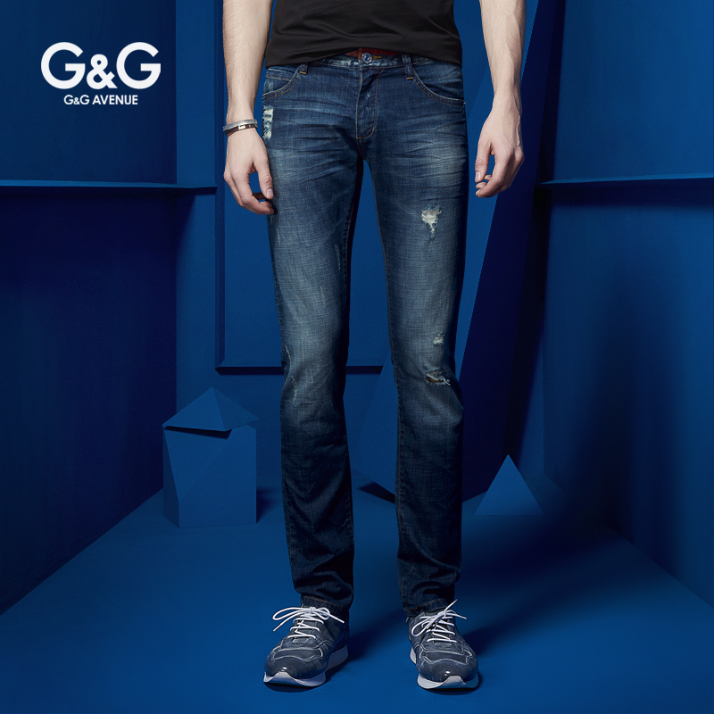 G&G 2016春季新品男士破洞牛仔裤男修身直筒小脚nzk男裤韩版薄款
