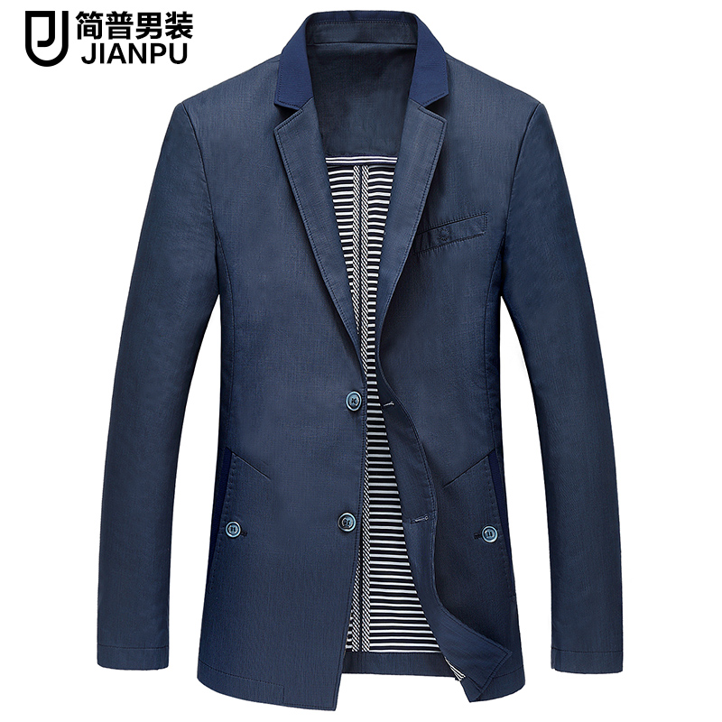 简普西装男修身型全棉商务休闲小西服纯色男士小西装外套春季单西
