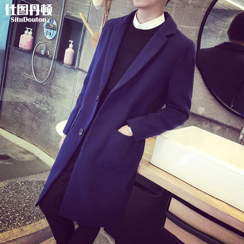 韩版宽松男士中长款风衣外套休闲潮毛呢大衣西装领英伦青年秋冬装