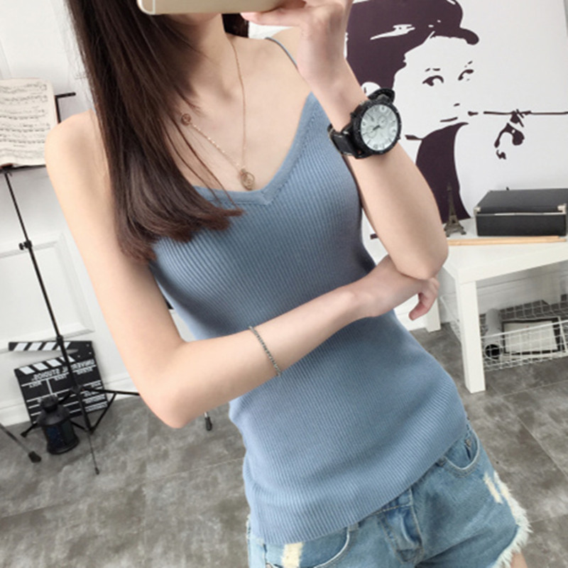 2016夏季针织吊带背心韩版性感V领修身显瘦短款针织吊带女打底衫